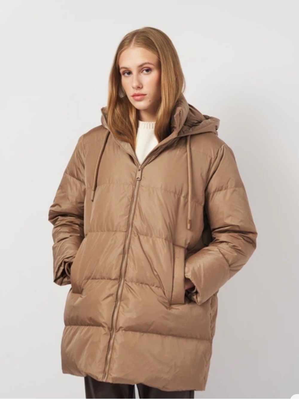 Zara Hooded Puffer Coat in Light Brown